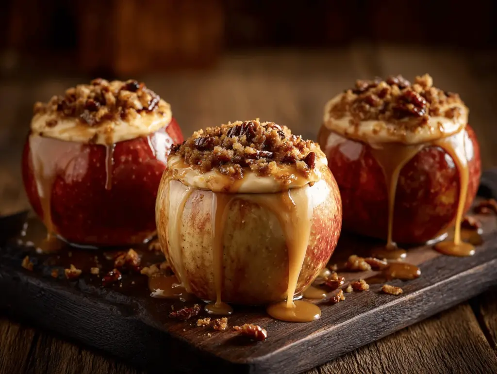 caramel pecan cheesecake stuffed baked apples - featured image
