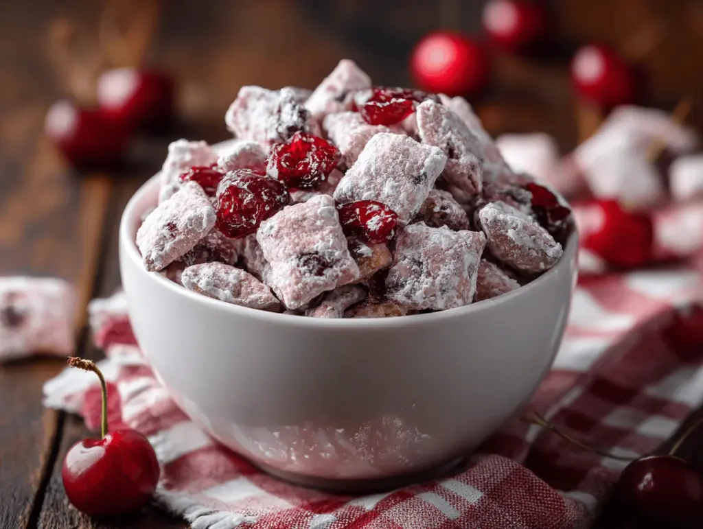 cherry cheesecake puppy chow - featured image