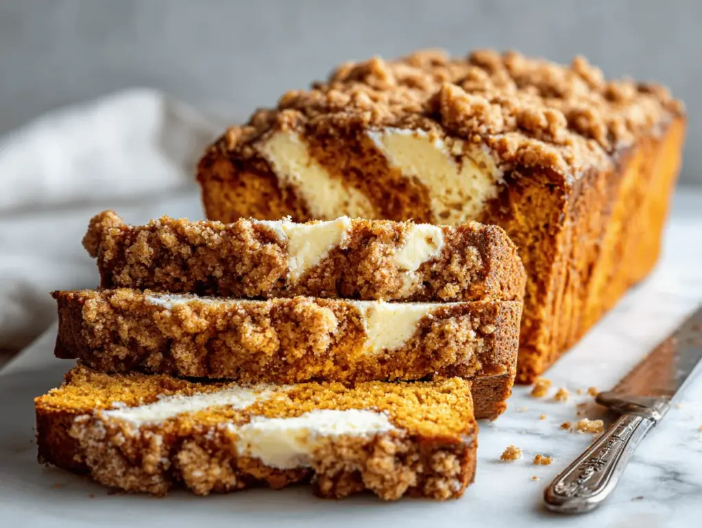 cinnamon streusel pumpkin cream cheese bread - featured image