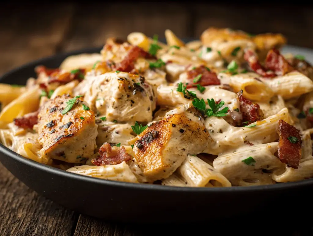 creamy chicken bacon ranch pasta bake - featured image