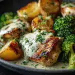 creamy garlic chicken and broccoli bowls - featured image