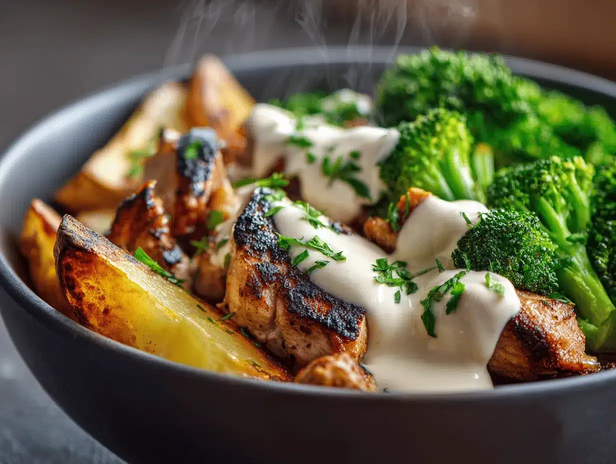 creamy garlic chicken and broccoli bowls preparation steps