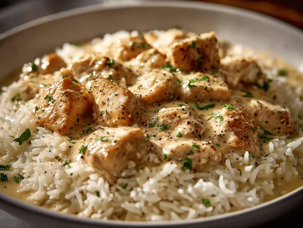 creamy garlic parmesan chicken and rice skillet - featured image