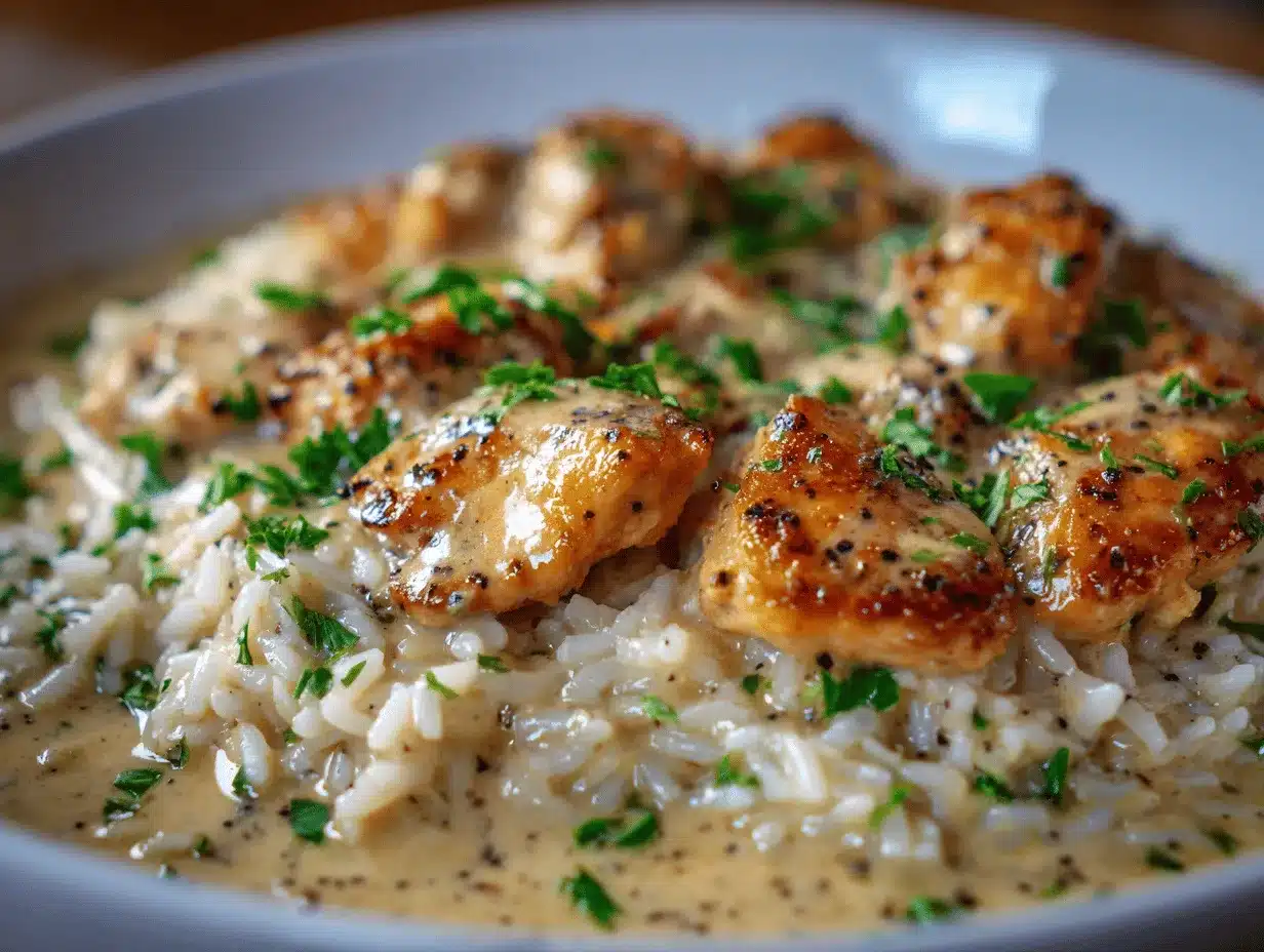 creamy garlic parmesan chicken and rice skillet preparation steps