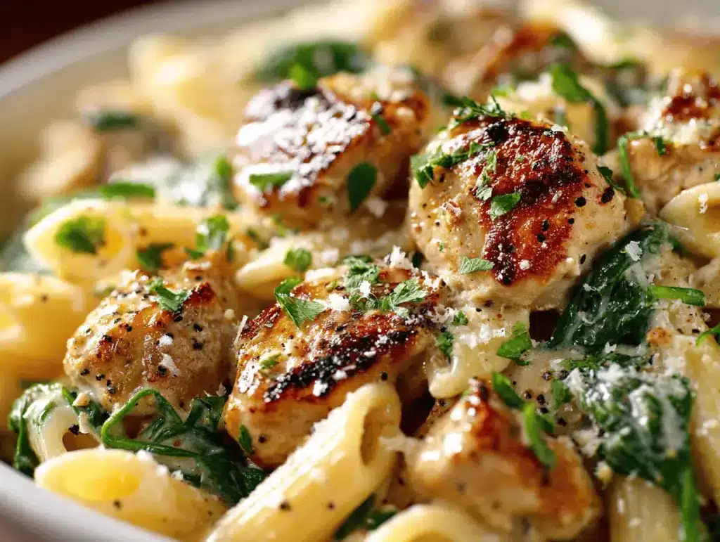 creamy garlic parmesan chicken pasta bake - featured image