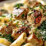 creamy garlic parmesan chicken pasta bake - featured image