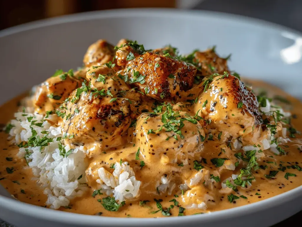 creamy smothered chicken and rice - featured image