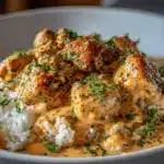 creamy smothered chicken and rice - featured image