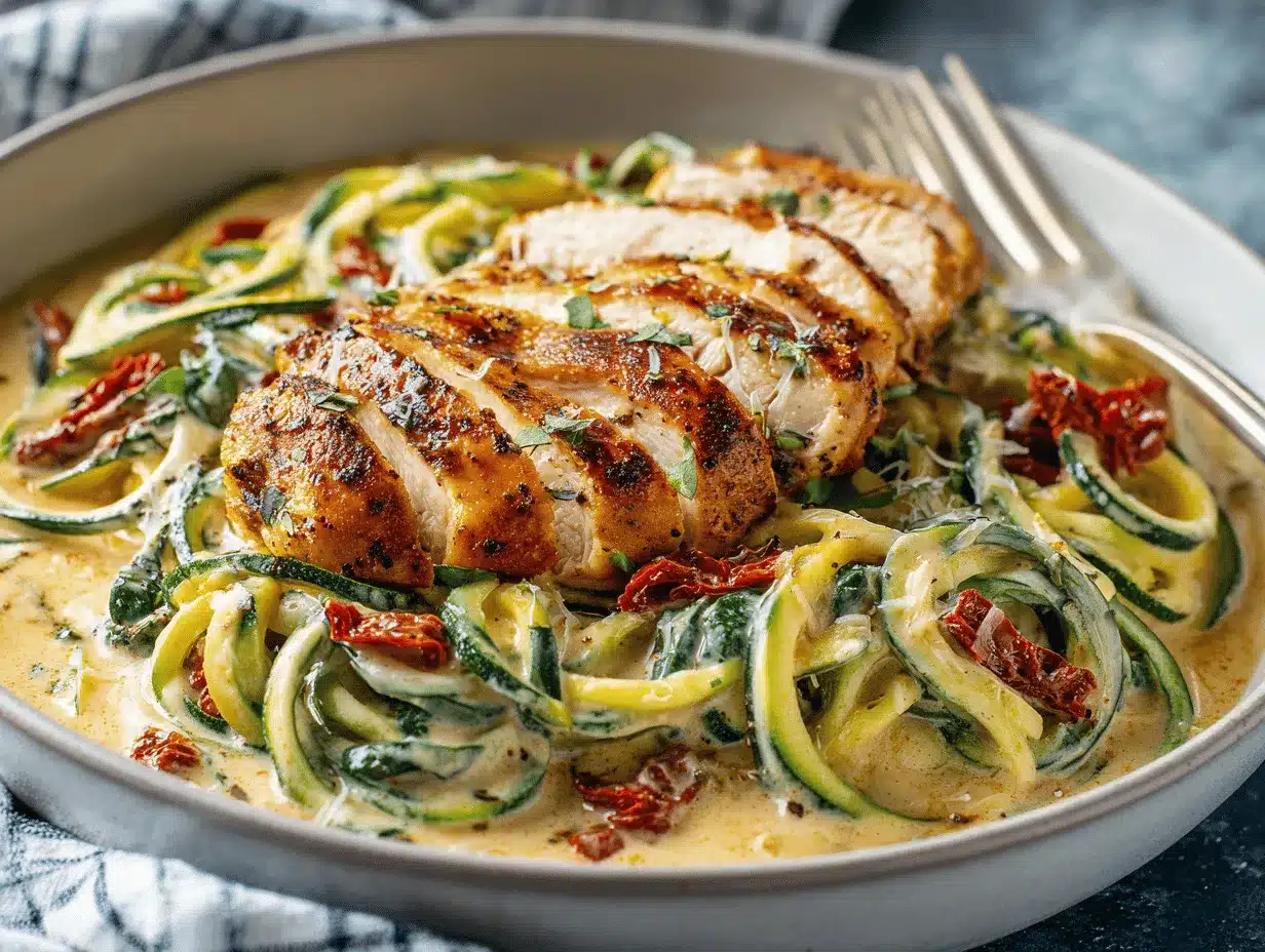 Creamy Tuscan Chicken Alfredo with Zucchini Noodles preparation steps