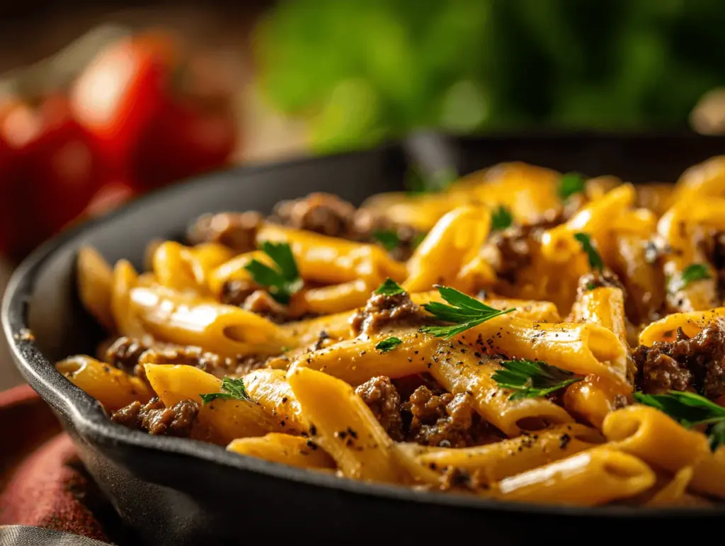 high protein creamy beef pasta - featured image