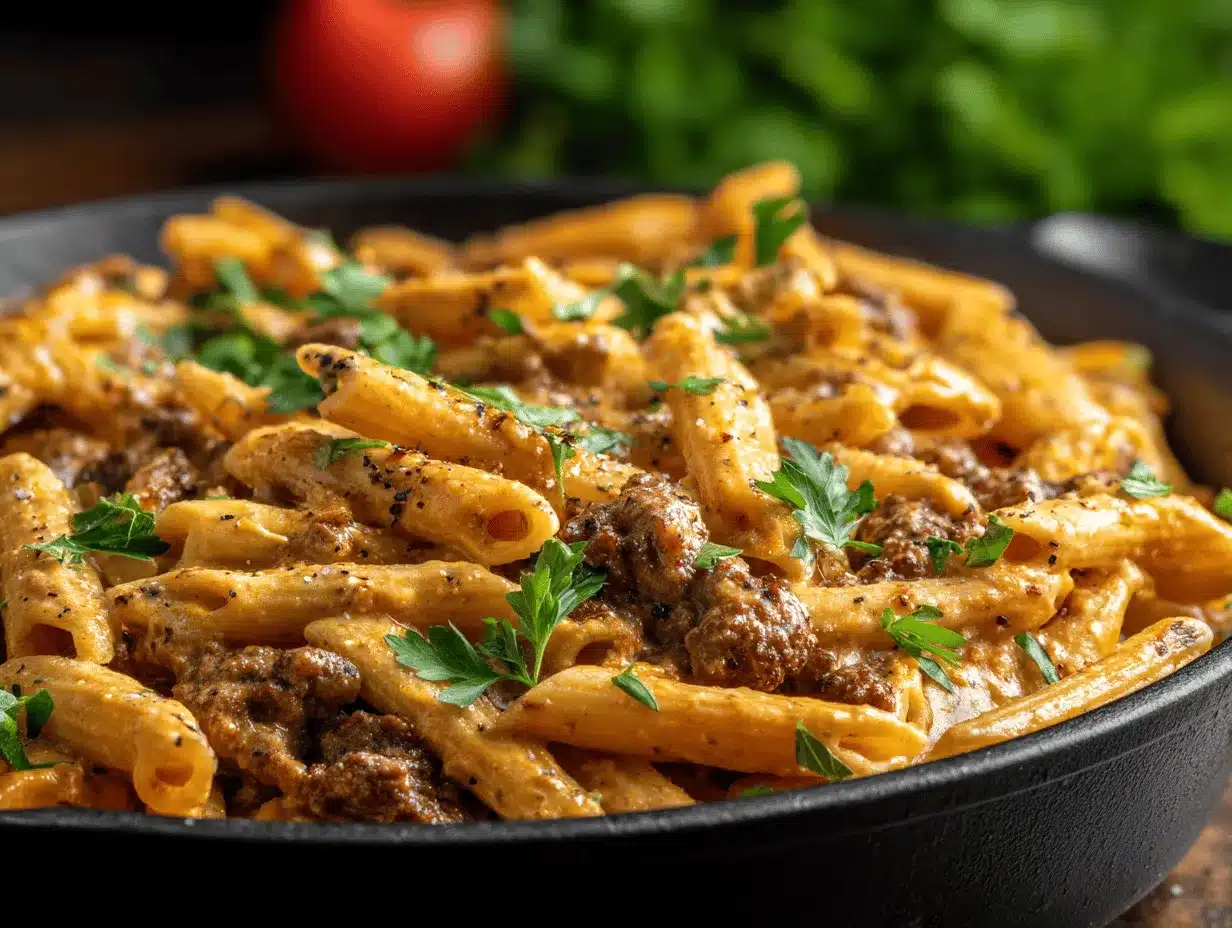 high protein creamy beef pasta preparation steps