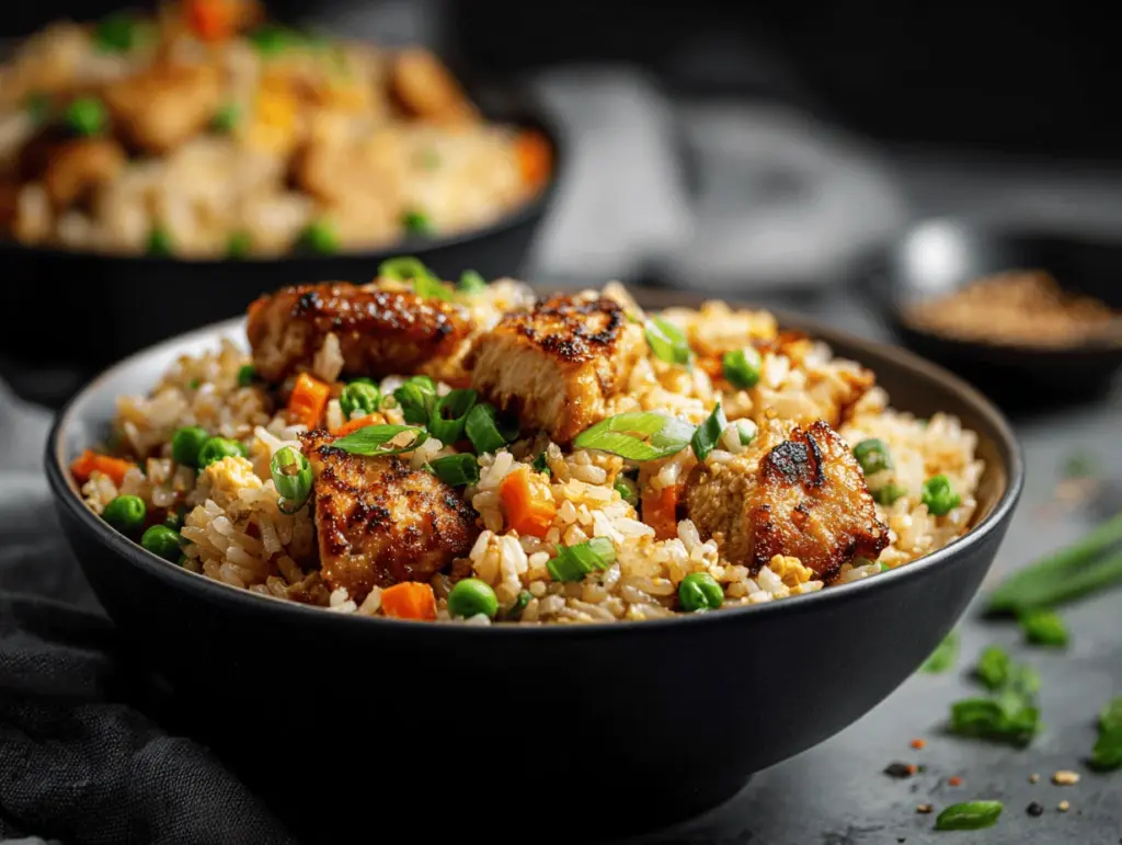 high protein crispy garlic chicken fried rice bowl - featured image