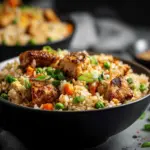 high protein crispy garlic chicken fried rice bowl - featured image