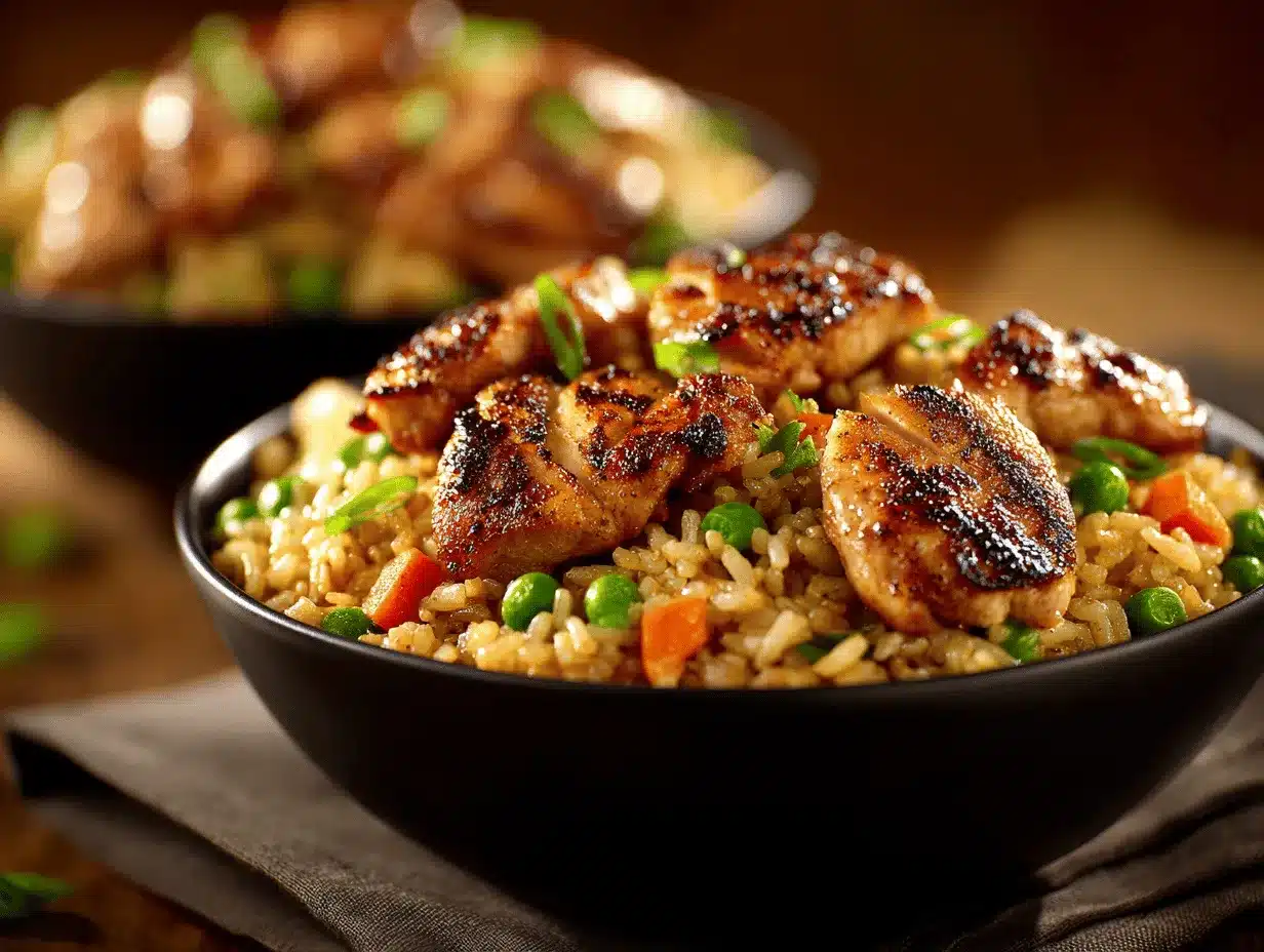 high protein crispy garlic chicken fried rice bowl preparation steps