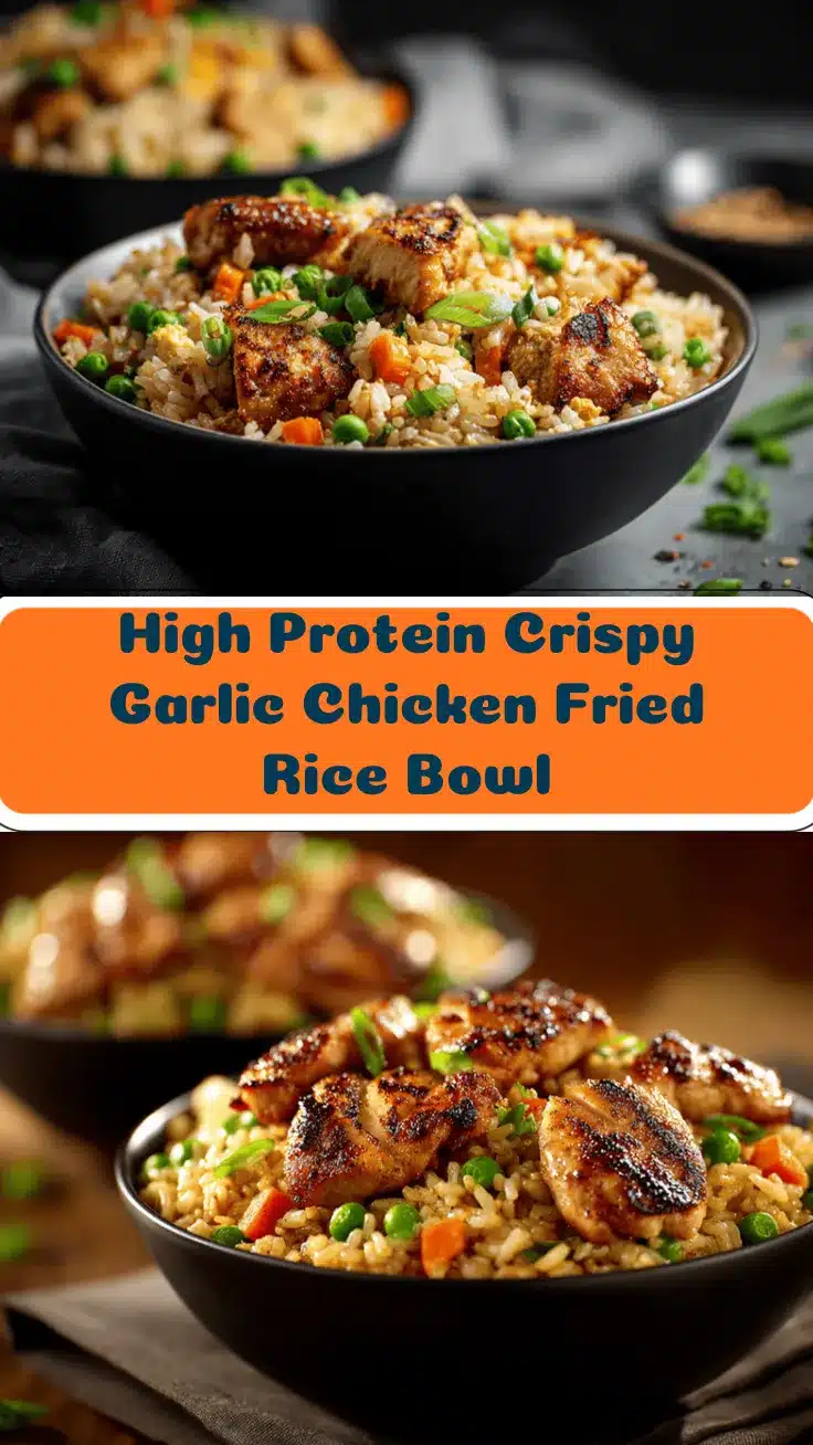 high protein crispy garlic chicken fried rice bowl recipe