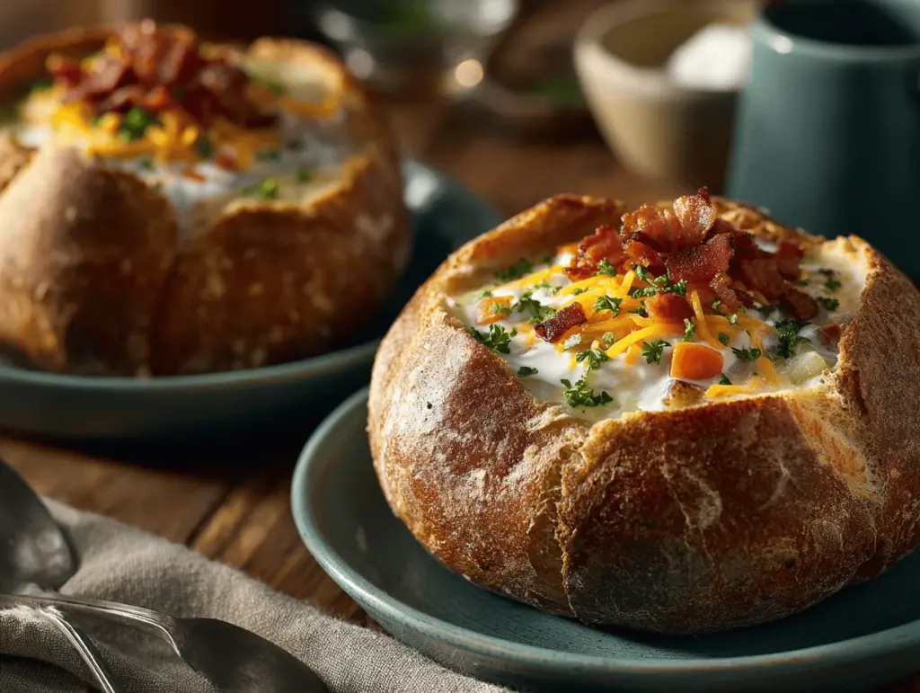 loaded baked potato soup in bread bowls - featured image