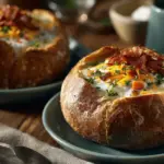 loaded baked potato soup in bread bowls - featured image