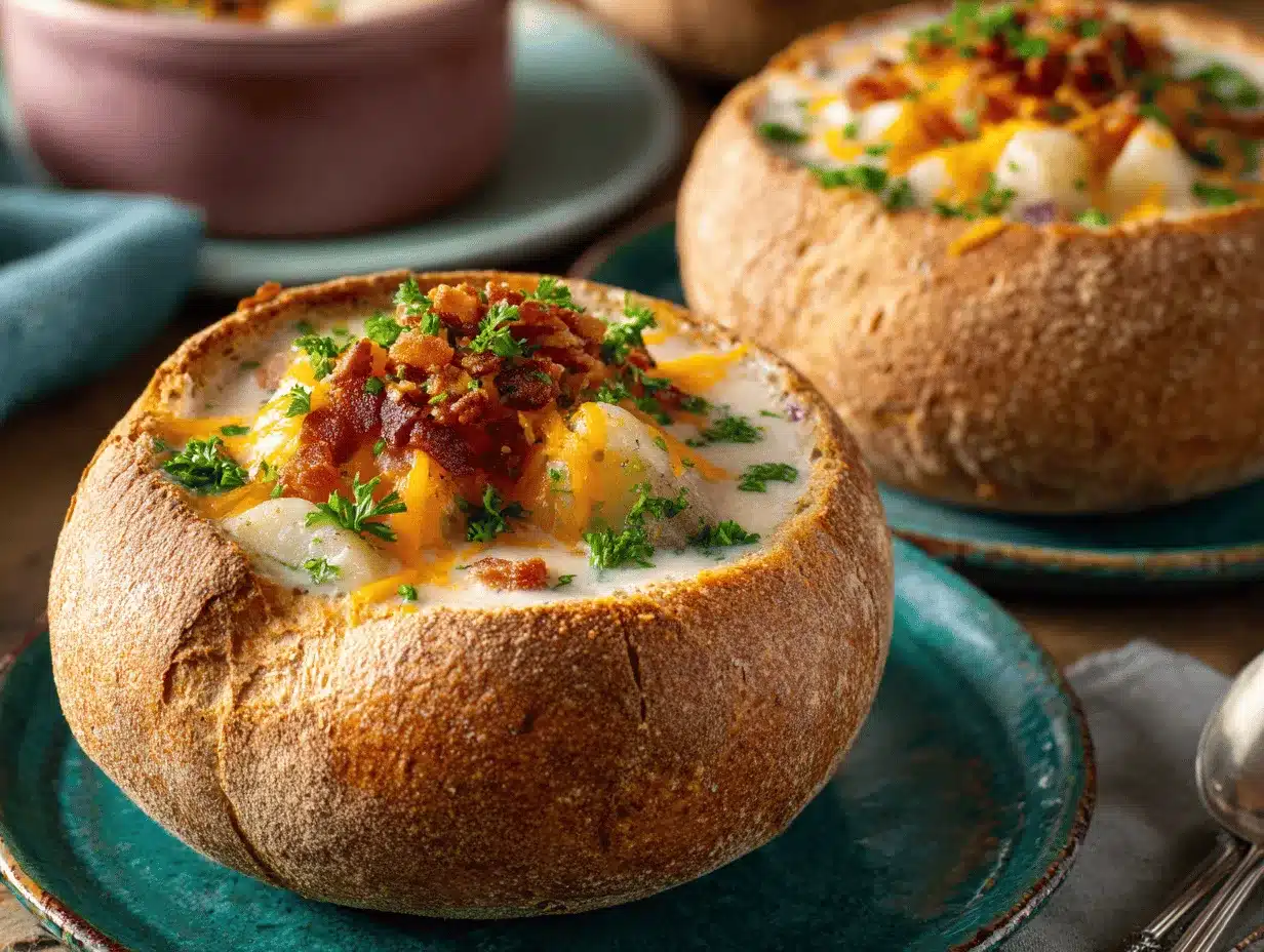 loaded baked potato soup in bread bowls preparation steps