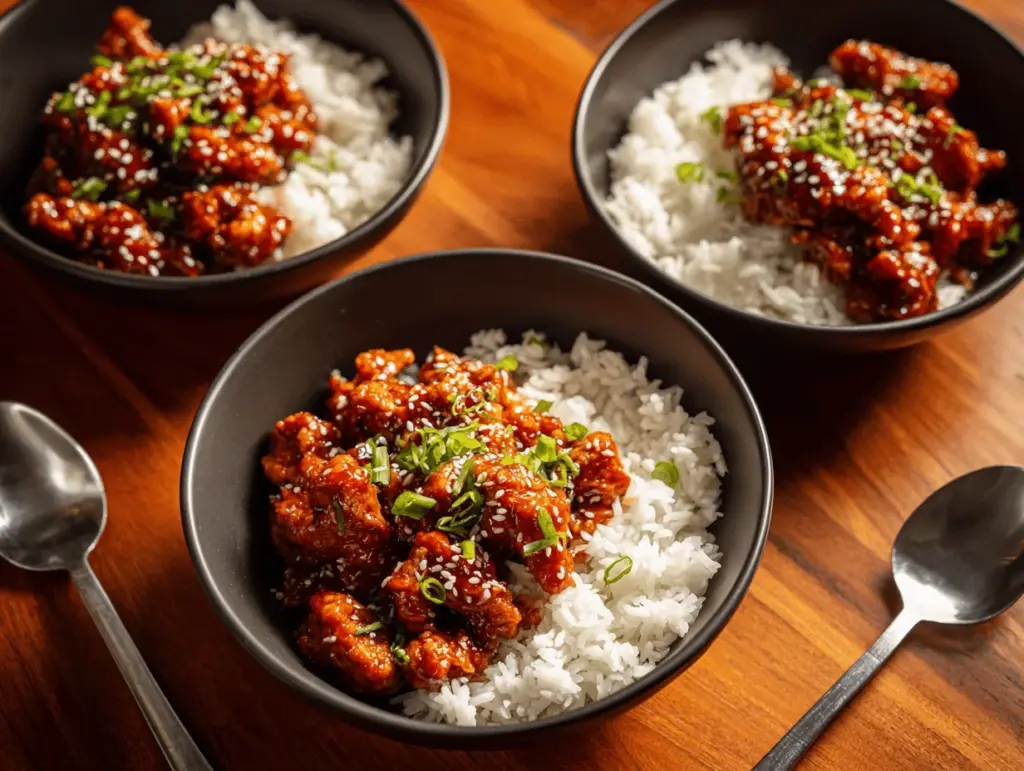 spicy firecracker ground chicken rice bowls - featured image