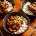 spicy firecracker ground chicken rice bowls - featured image