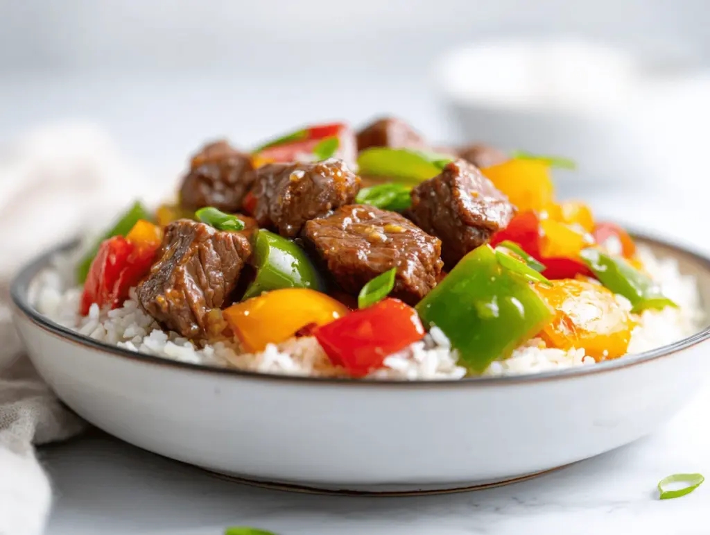 beef and pepper rice bowl - featured image