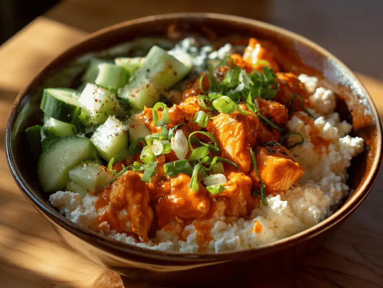 Buffalo chicken cottage cheese bowl preparation steps