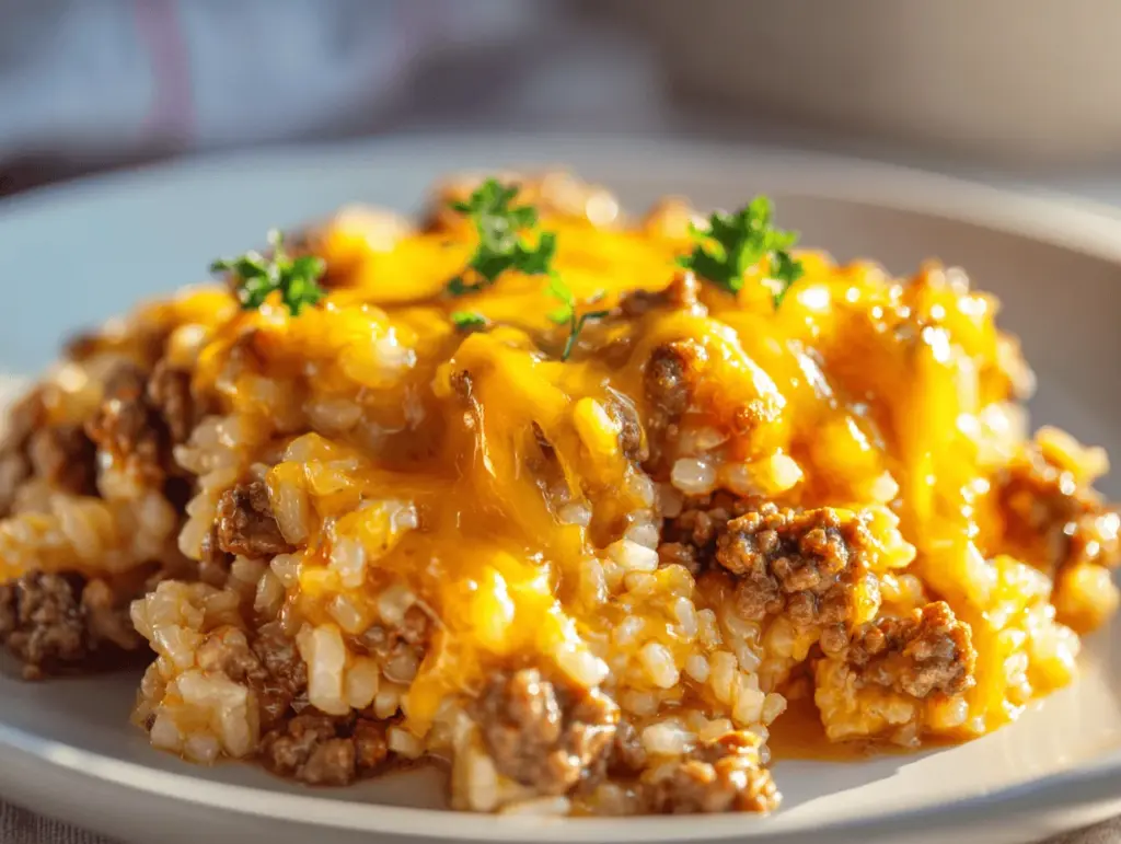 cheesy hamburger rice casserole - featured image