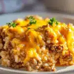 cheesy hamburger rice casserole - featured image