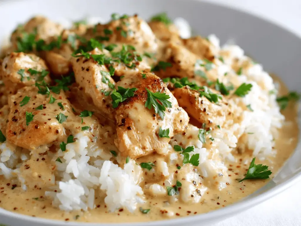 creamy smothered chicken and rice - featured image