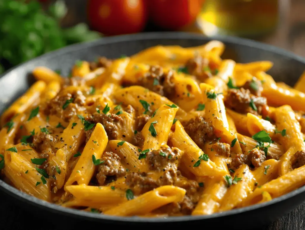 high protein creamy beef pasta - featured image