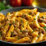 high protein creamy beef pasta - featured image