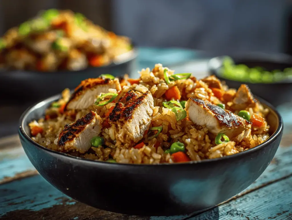 high protein crispy garlic chicken fried rice bowl - featured image