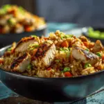 high protein crispy garlic chicken fried rice bowl - featured image