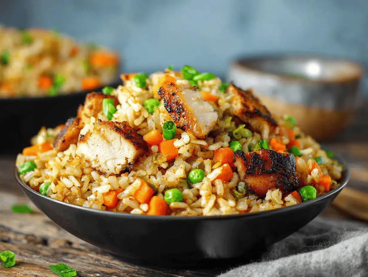 high protein crispy garlic chicken fried rice bowl preparation steps