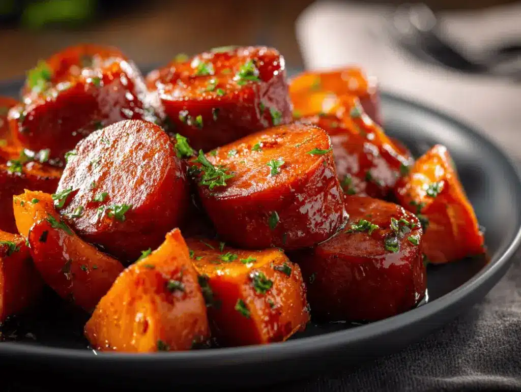 honey garlic sausage sweet potatoes - featured image