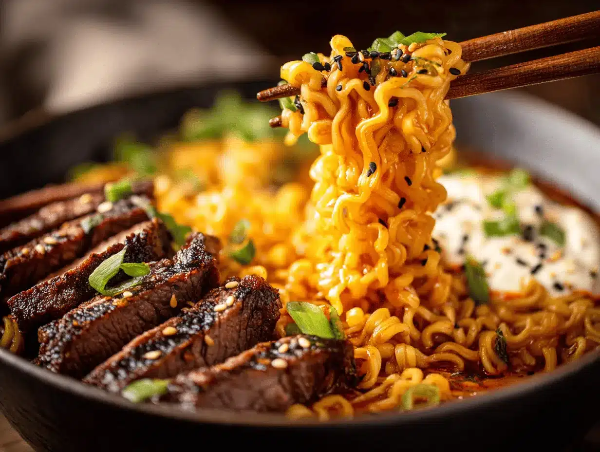 spicy Korean BBQ beef ramen preparation steps