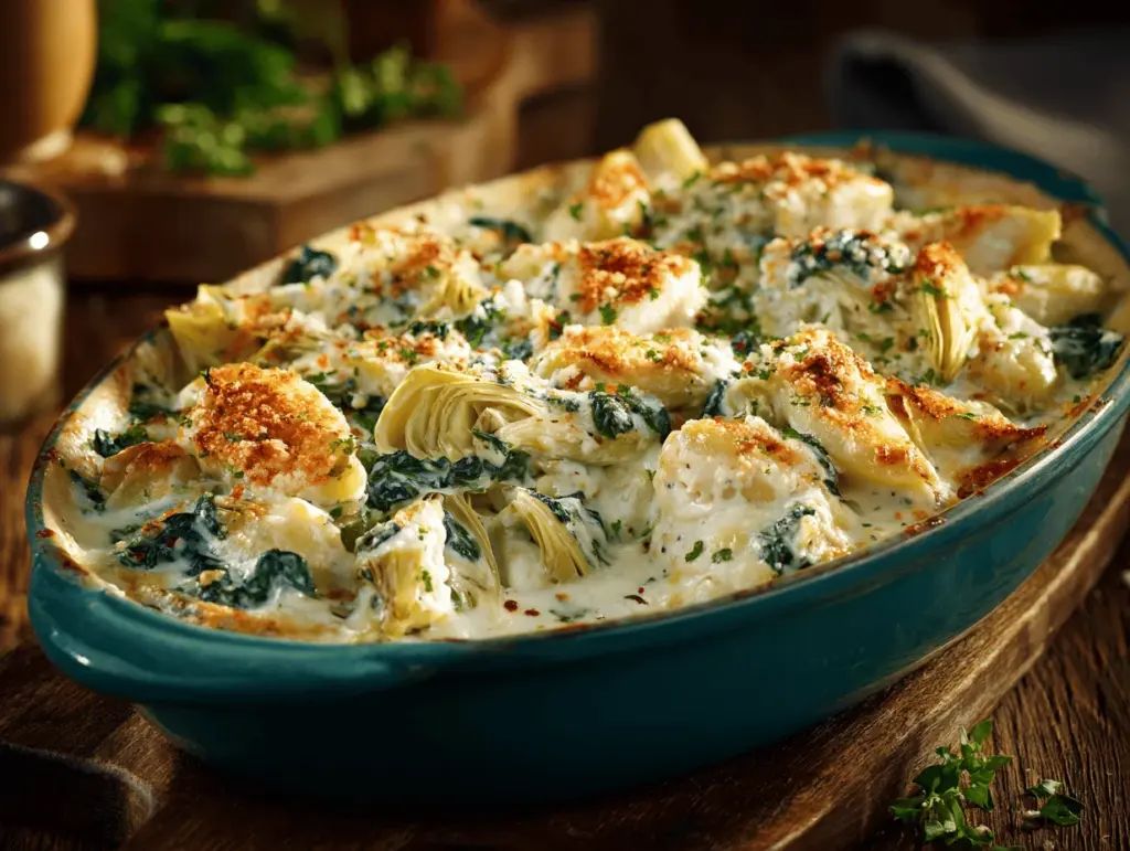 spinach artichoke chicken casserole - featured image