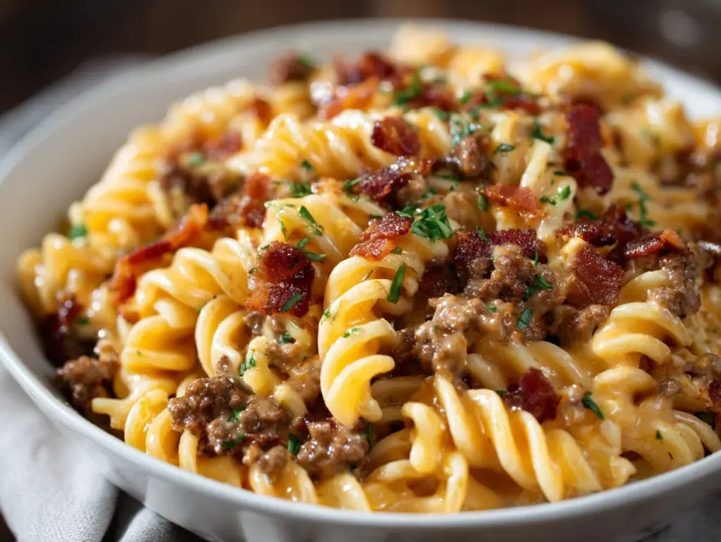 bacon cheeseburger pasta - featured image