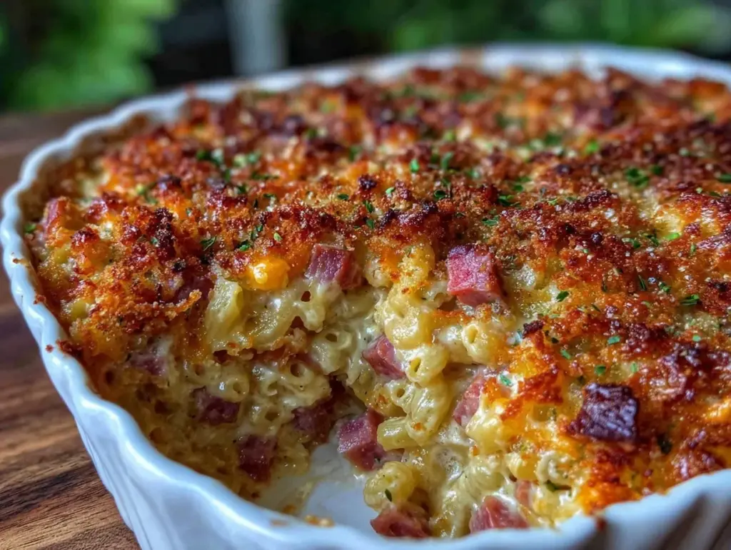 cheddar ham macaroni bake - featured image
