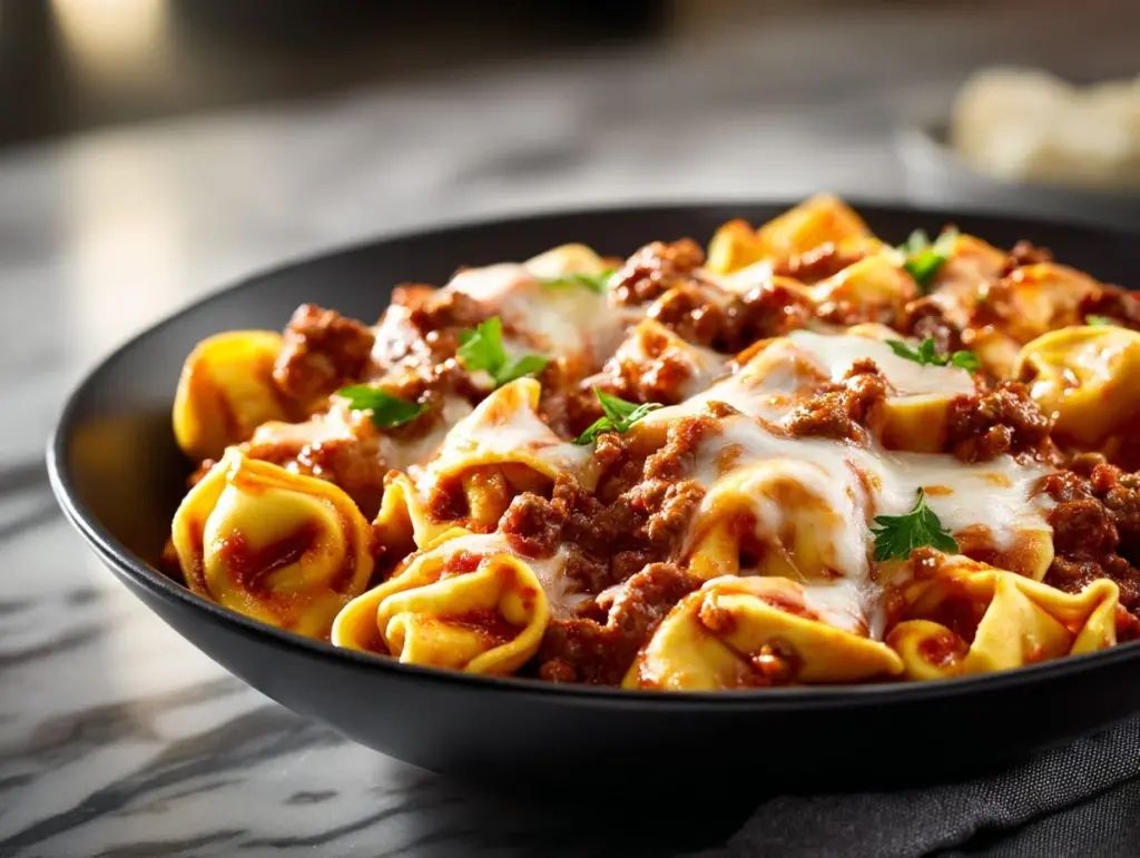 cheesy beef tortellini bake - featured image