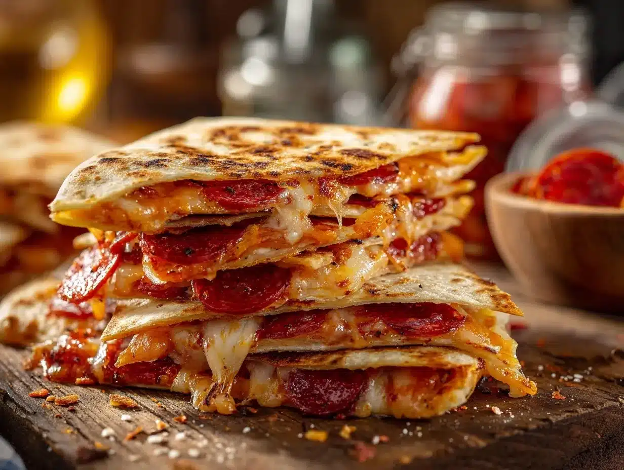 cheesy pepperoni pizza quesadilla preparation steps