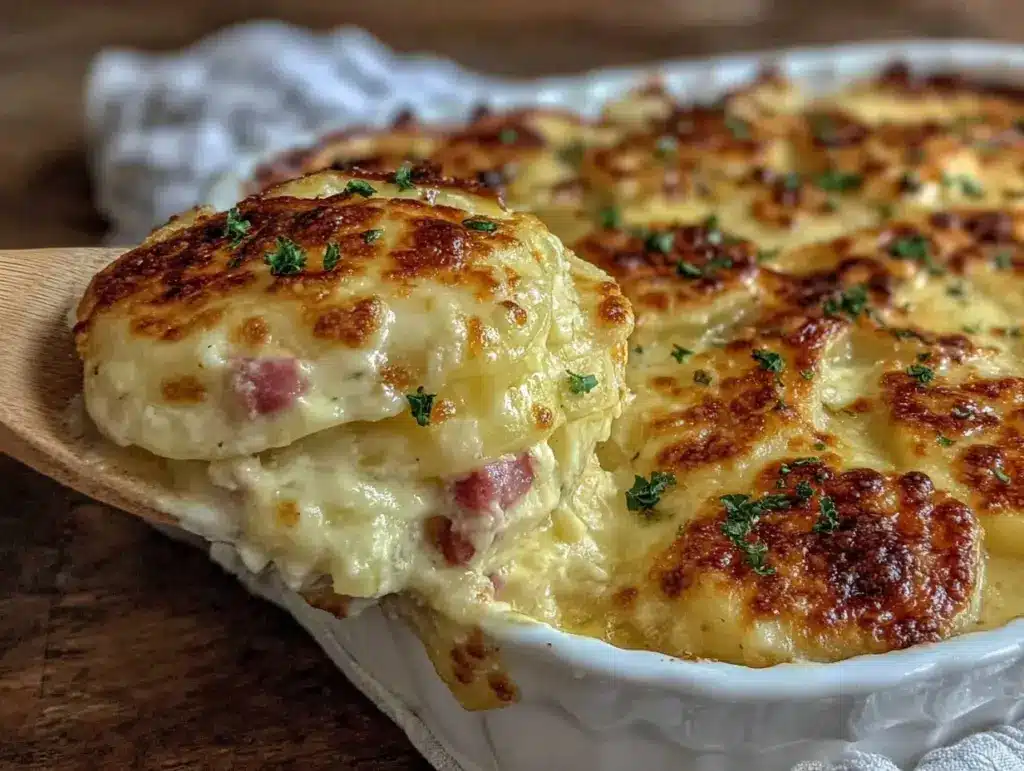 cheesy potatoes with ham casserole - featured image