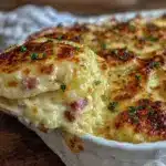 cheesy potatoes with ham casserole - featured image