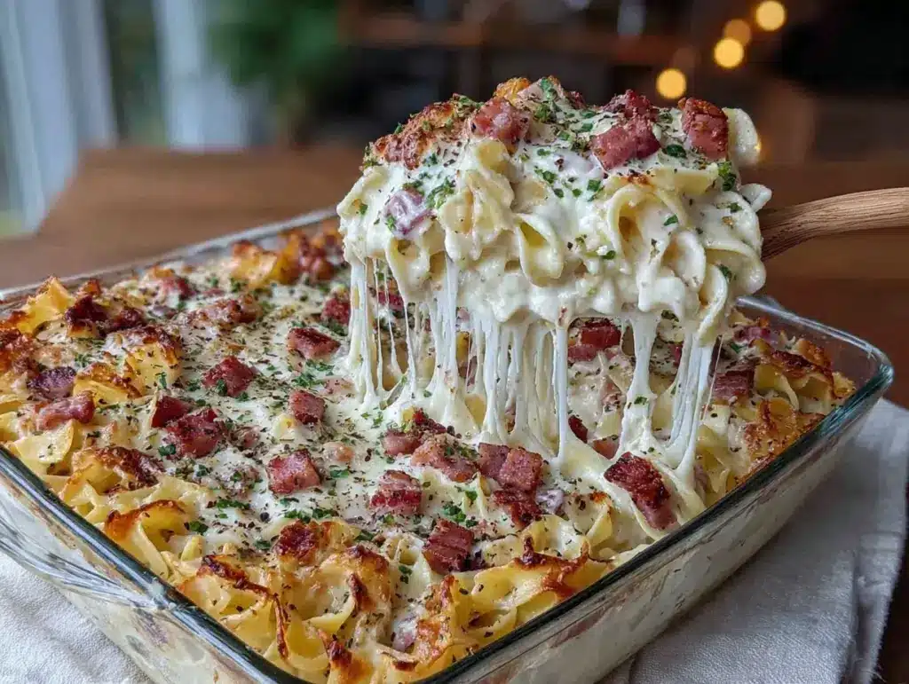 leftover ham noodle casserole - featured image