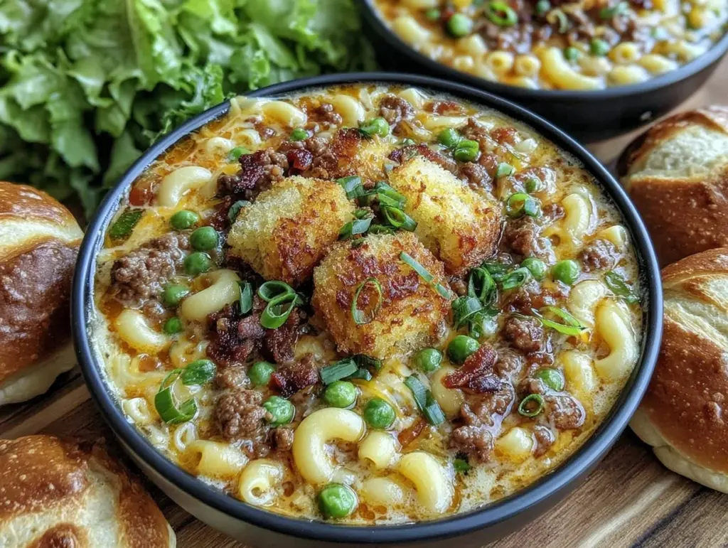 creamy macaroni cheeseburger soup - featured image