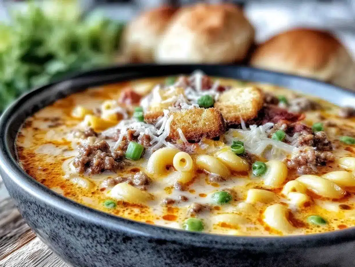creamy macaroni cheeseburger soup preparation steps