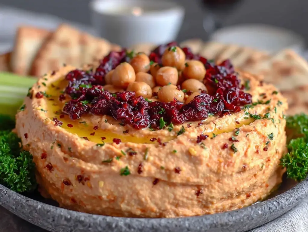 creamy roasted red pepper hummus wreath - featured image