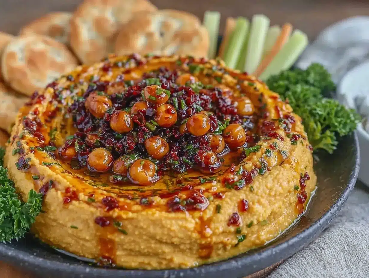 creamy roasted red pepper hummus wreath preparation steps