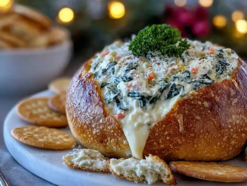 creamy spinach dip in bread bowl - featured image