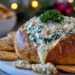 creamy spinach dip in bread bowl - featured image